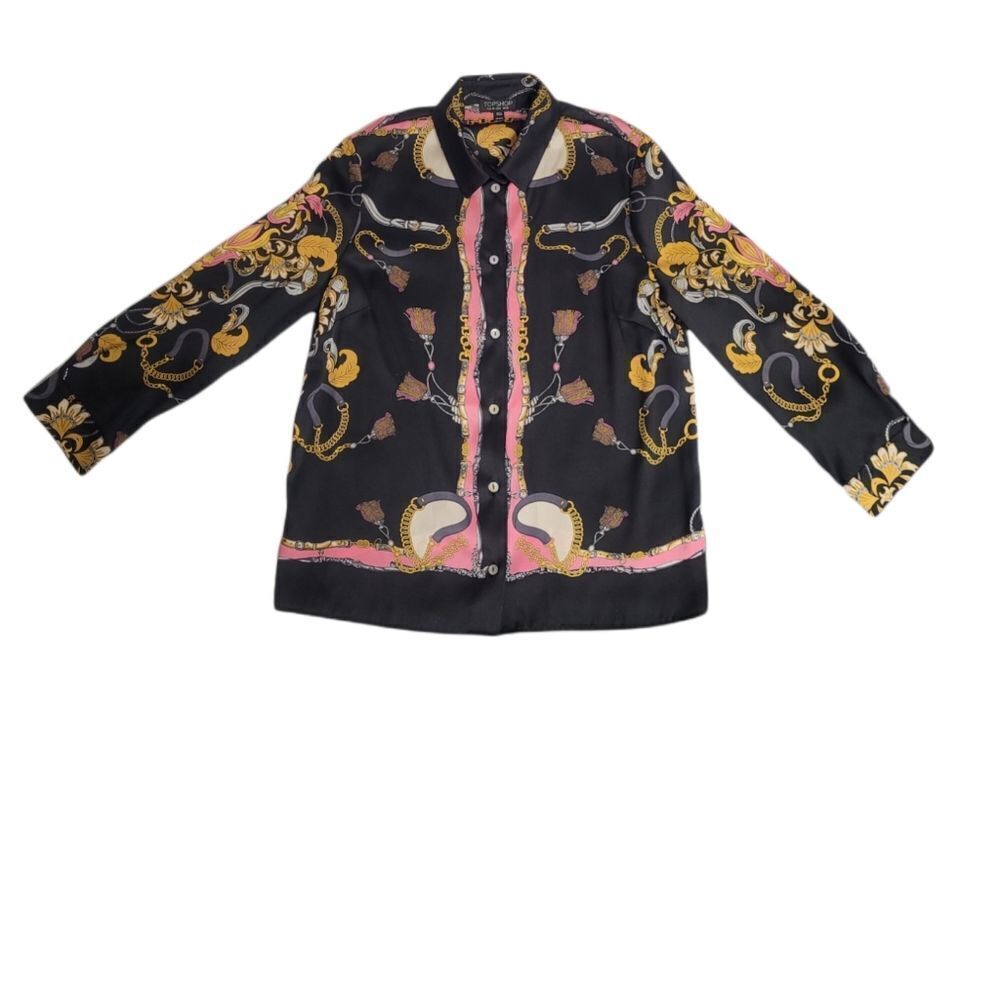 TOPSHOP blouse horsebit gold chain tassel button up polyester shirt 6